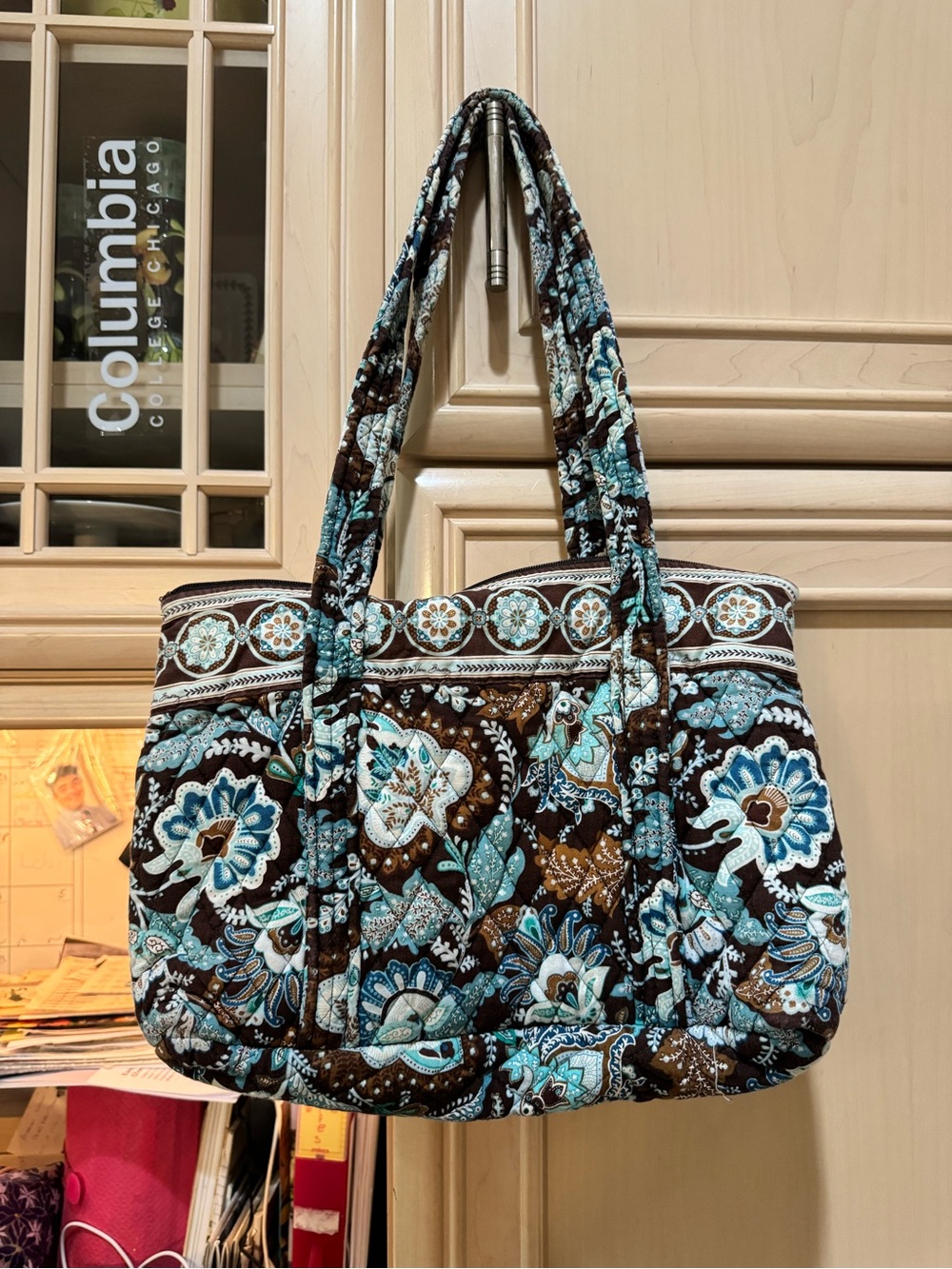 Vera Bradley Quilted Floral Tote in Teal and Brown